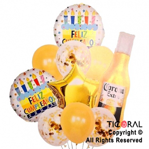 SET DE GLOBOS METALIZADOS CERVEZA Y LATEX CON CONFETI x 10 UNIDADES